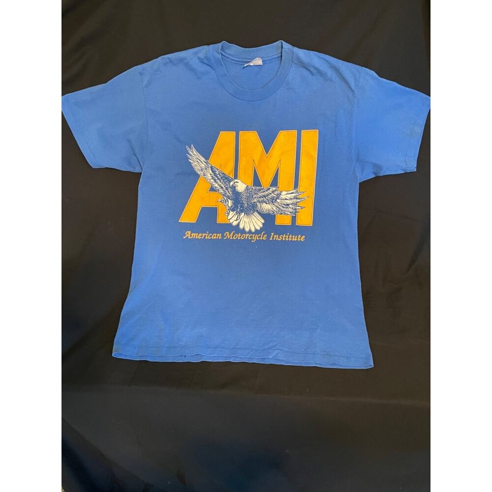 VTG American Motorcycle Institute AMI T-Shirt Size L Single Stitched Oil Stained
